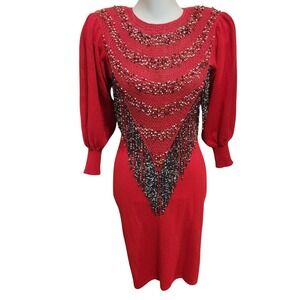 Vintage 80s Hand Knit Midi Dress Beaded Fringe Bib Puff Sleeve Bodycon Statement
